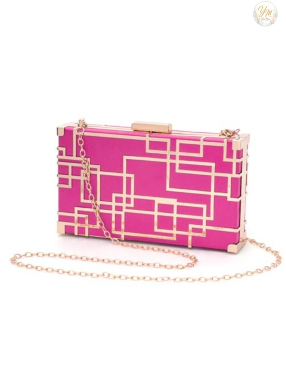 Satin Evening Clutch with Gold Geometric Metal Frame & Detachable Chain